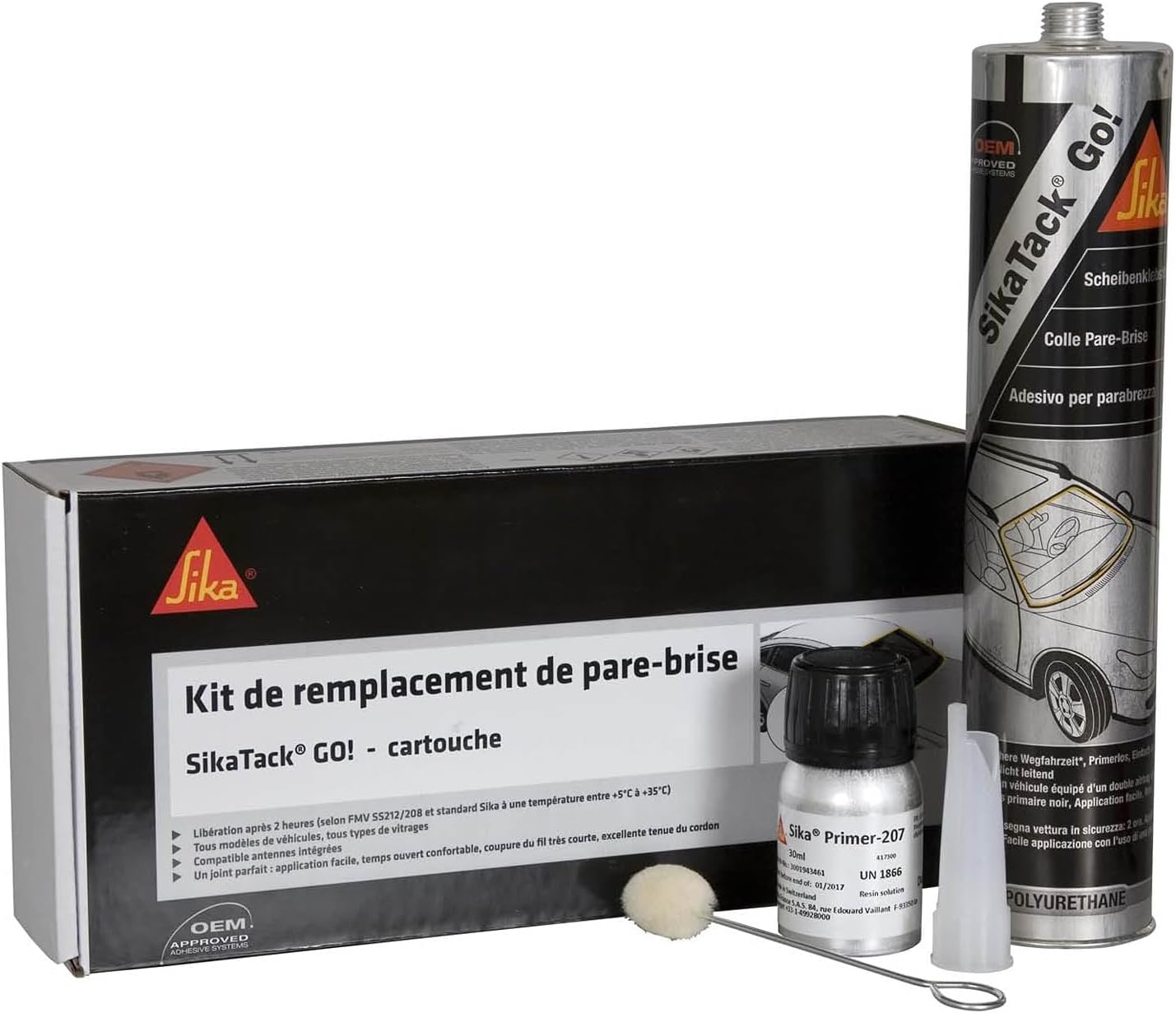 Kit SikaTack Go! - Colle Pare-Brise & Vitrage (Qualité 1ère Monte OEM) - SIKA 300ml