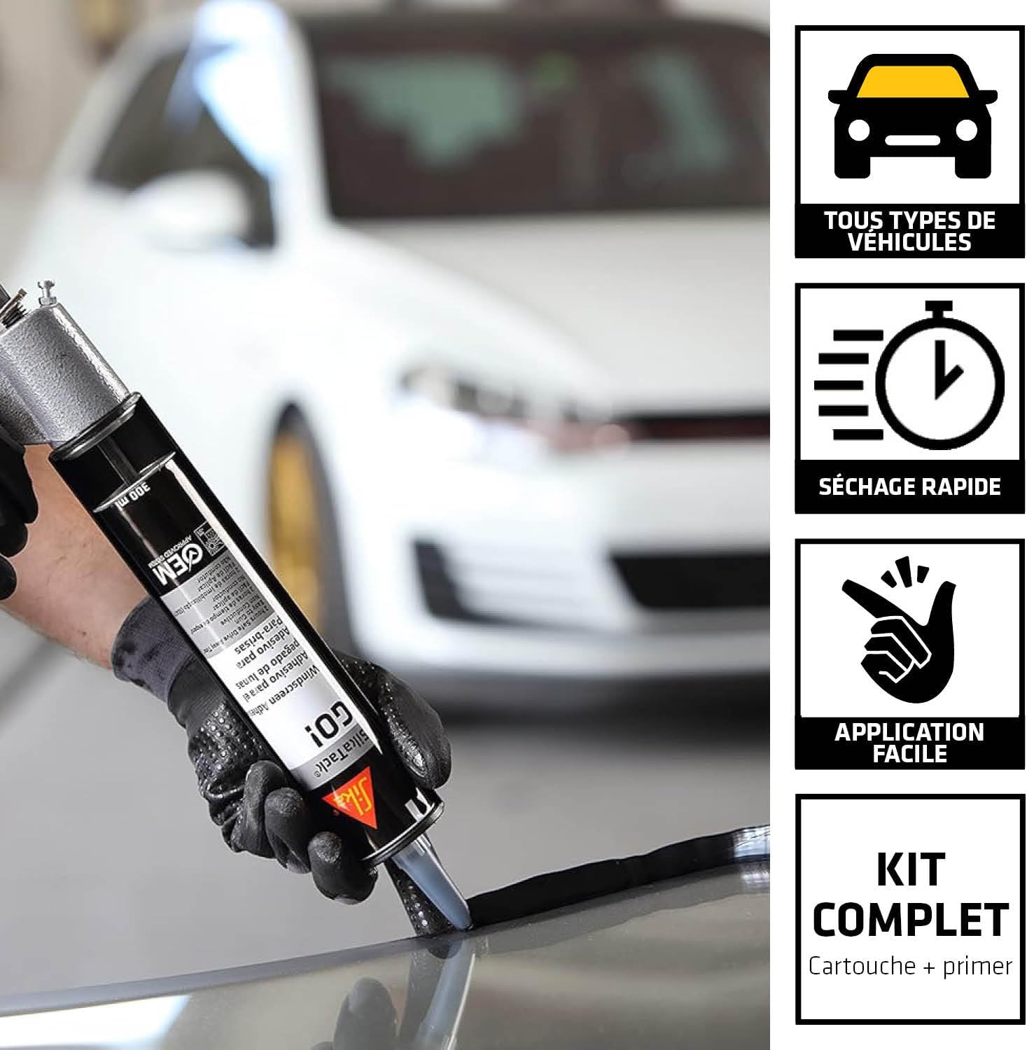 Kit SikaTack Go! - Colle Pare-Brise & Vitrage (Qualité 1ère Monte OEM) - SIKA 300ml