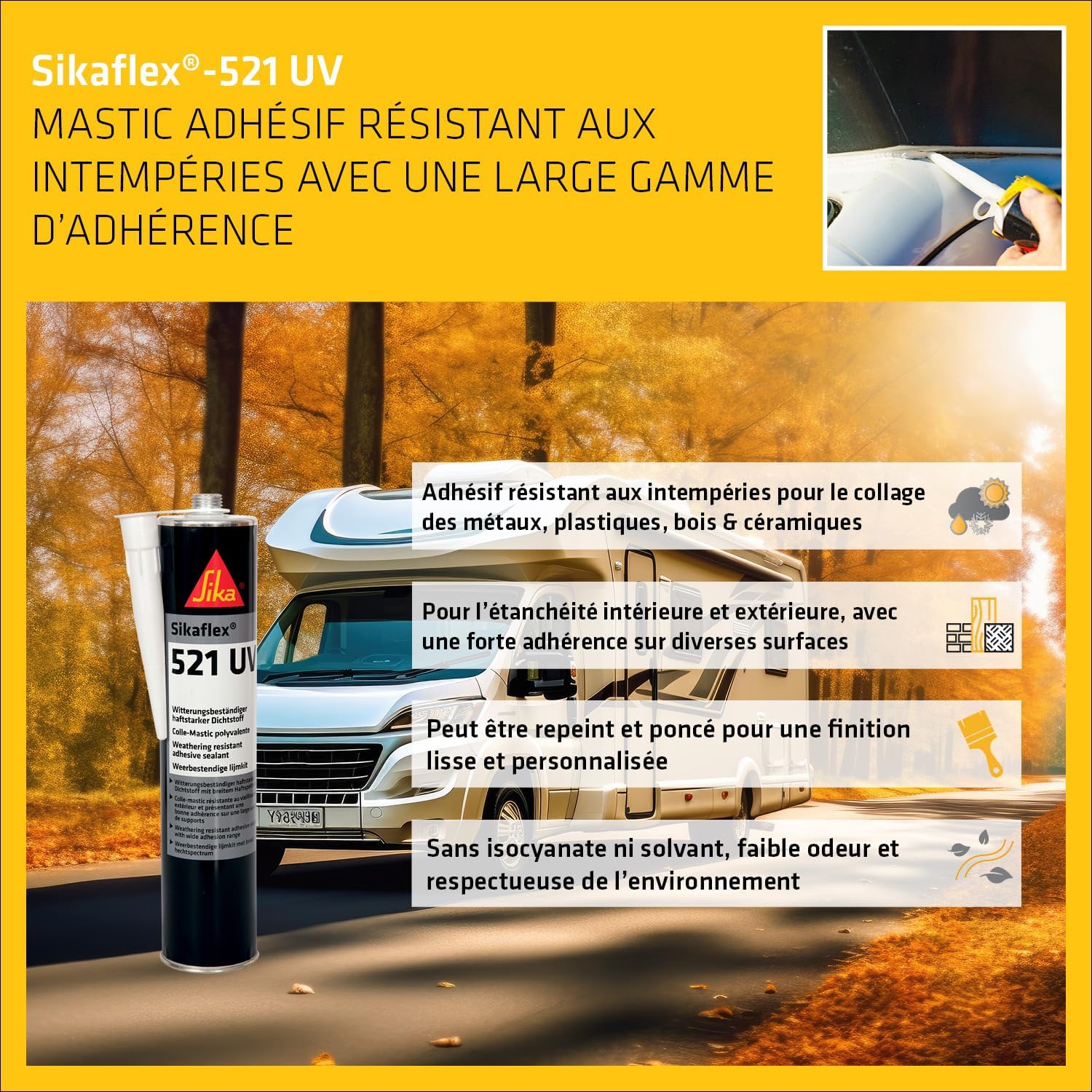 Sikaflex 521 UV - Mastic Colle Hybride Anti-UV (Blanc & Noir) - Étanchéité Fourgon (300 ml)